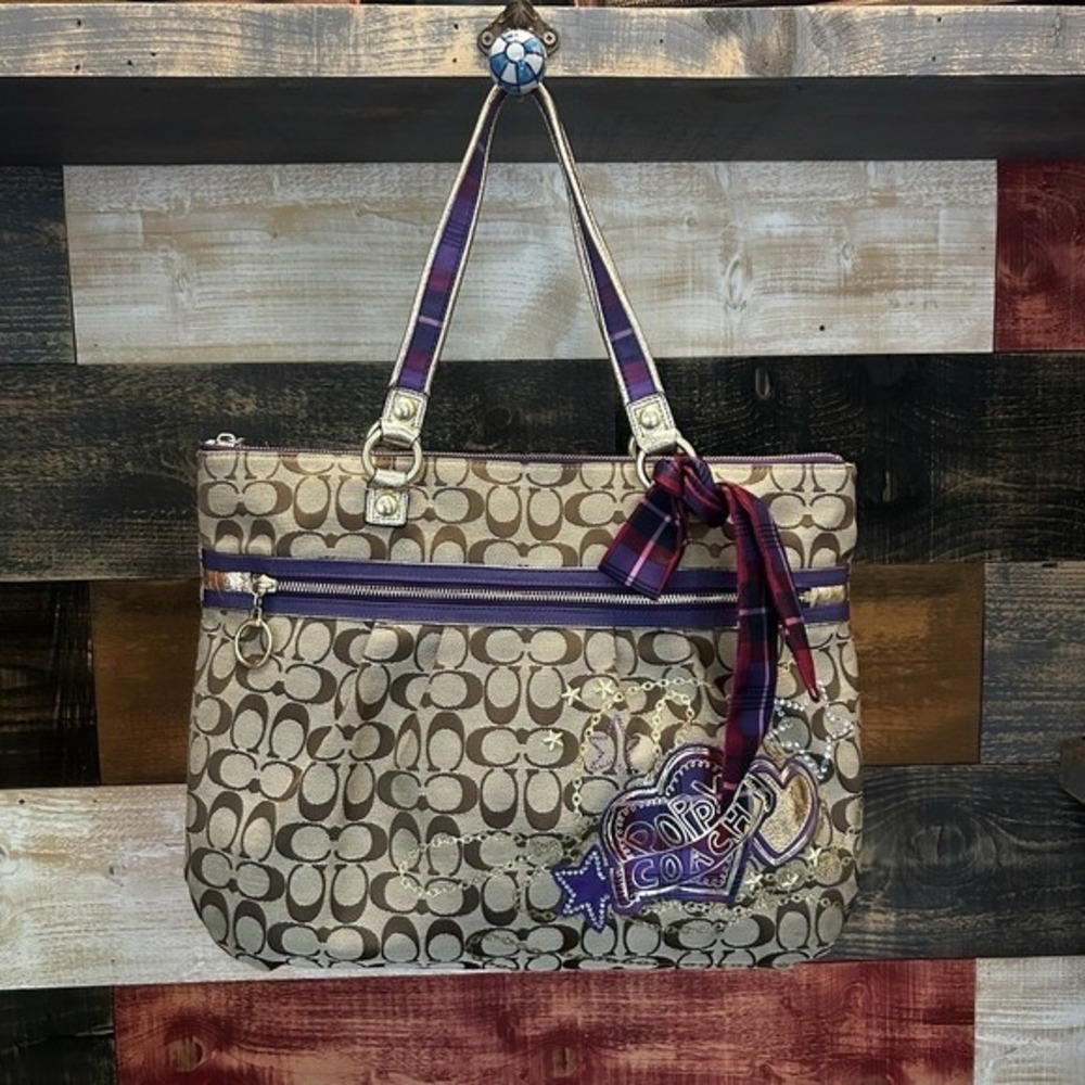 Coach Poppy Tartan Plaid Glam 15882 Shoulder Handbag Tote Tan Purple Gold RARE